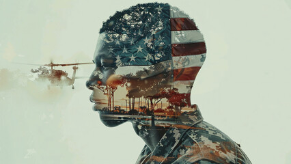 Pride and Service: Double Exposure Portrait of American Soldier with Flag and Military Helicopter