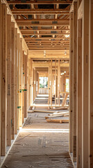 house frame framing in a construction site, in the style of bauhaus-inspired designs