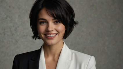 A young woman with short dark hair is smiling. She is wearing a white shirt and a black suit...
