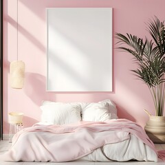 A rectangle frame mockup in the pink bedroom with lighting on the side. - obrazy, fototapety, plakaty