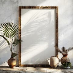 A rectangle frame mockup decoration with plants in vases. - obrazy, fototapety, plakaty