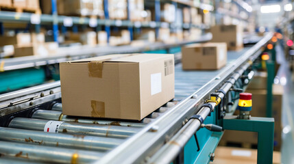 Naklejka premium several cardboard box packages along a conveyor belt in a warehouse fulfillment center