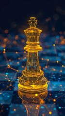 Technology in gaming, digital yellow  low poly king chess pieces with glowing data streams, AI in strategic decision-making systems, leadership in business, market analysis, risk assessment. high-tech - obrazy, fototapety, plakaty