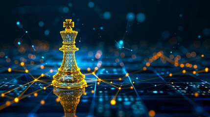 Technology in gaming, digital yellow  low poly king chess pieces with glowing data streams, AI in strategic decision-making systems, leadership in business, market analysis, risk assessment. high-tech - obrazy, fototapety, plakaty