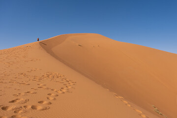 Fototapeta na wymiar The most beautiful safaris in the desert _ Moroccan desert _ camel riding in the desert _ meditation trips in the desert _ desert sand dunes