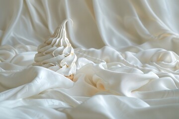 A swirl of soft serve ice cream on a smooth, white satin fabric background, emphasizing a minimalist aesthetic.