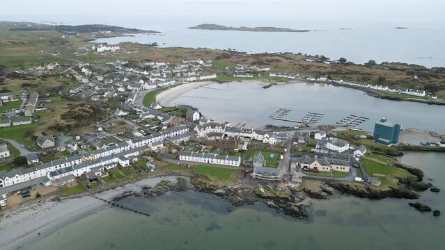 Aerial Wide Port Ellen, Islay Island Wide. Backward Camera Move. View Of The Entire Port.