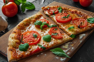 Freshly Baked Rustic Wooden Board Pizza Presentation: Traditional Italian Cheesy Slice Garnished with Tomatoes and Basil
