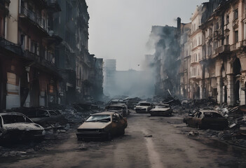 Post-Apocalyptic Cityscape: Desolate Urban Street with Abandoned Vehicles and Ruins - obrazy, fototapety, plakaty