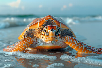 Sea turtle on the beach, sunset, cinematic wildlife photo