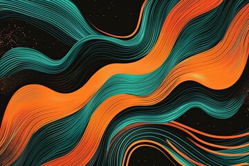 Funky 90s Retro Psychedelic Wave Illustration in Orange and Teal on Black Background