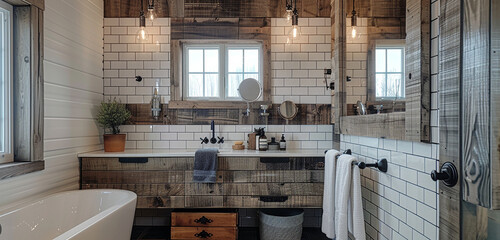 Fototapeta na wymiar A modern farmhouse washroom with subway tile walls and rustic wood accents.