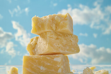 heap of tasty italian parmeggiano or parmesan cheese on a blue sky background, closeup