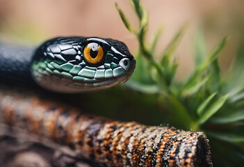 Fototapeta premium Vivid Gaze - Grass Snake Poised on a Branch with Striking Eye Detail in Natural Surroundings