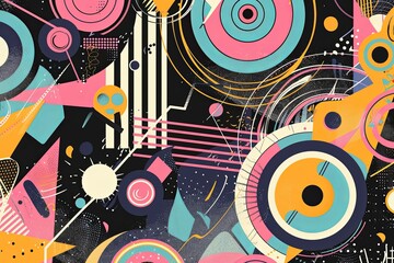 Obraz premium Nostalgic Music Festival Banner: Hipster Vintage Design with Funky Abstract Background & Psychedelic 70s/80s Motifs