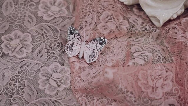 Delicate butterfly on pink lace fabric, elegant and detailed texture