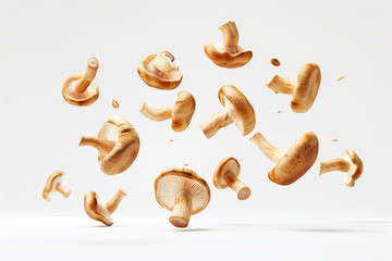 Sliced ​​shiitake mushrooms float in the air on a white background. - obrazy, fototapety, plakaty