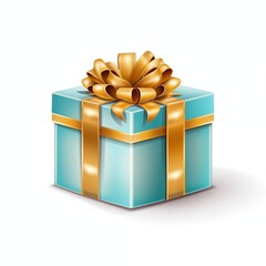 Elegant Turquoise Gift Box with Golden Ribbon and Bow Isolated on White Background