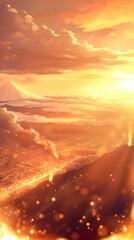 Magma, Smoking caldera, Steaming vents, Scenic volcanic vista with a backdrop of ash clouds, Digital painting, Backlighting, HDR, Eye-level angle