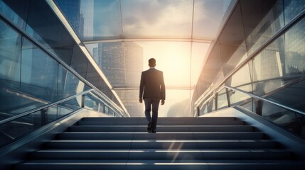 young businessman walking up the stairs in front of a modern office building. back view