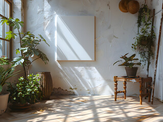 Bright Minimalism: White Frame Mockup Standing on Light Wooden Floor in Art Studio