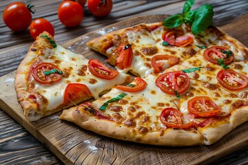 Freshly Baked Pizza Slice: Mozzarella Cheese Melt on Rustic Board with Vibrant Tomatoes