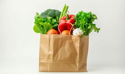 Brown paper bag full of colorful vegetables on a white background.