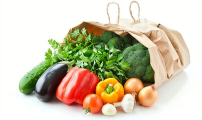 Brown paper bag full of colorful vegetables on a white background.