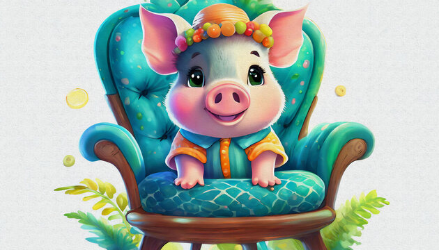 oil painting style CUTE BABY CARTOON Frontal portrait of a cute little pig on a blue armchair,