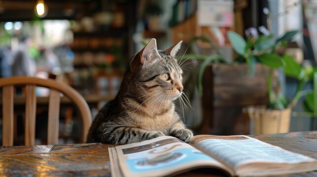 A curious grey tabby cat rests on a book