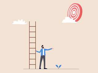 Businessman Holding Ladder to Reach High Round Arrow Target: Overcoming Challenges