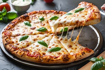 Stretchy Mozzarella Cheese on Pizza: Rustic Slicer Cutting Through Hot Mozzarella for Tasty Snack with Fresh Basil