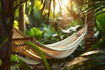 Serene natural landscape, hammock suspended among the trees, capturing the essence of summer relaxation and leisure in a beautiful tropical setting.