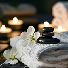 Floweradorned towels with rocks, ideal for weddings or events