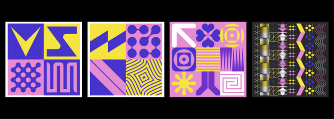 Set of modern and colorful abstract covers with minimalist symbols and shapes