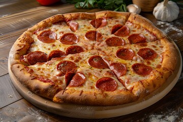 Freshly Baked Pepperoni Pizza with Rustic Charm - Ultimate Cheesy Delight
