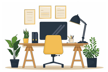 Vector illustration of modern workplace with computer,Generative Ai