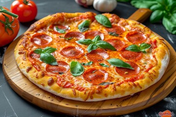 Pepperoni Pizza Delight: Hot and Tasty Traditional Italian Style with Cheesy Basil and Tomato