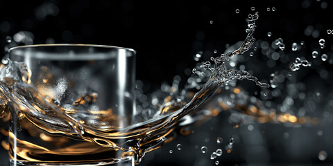 Whiskey im Glas spritzt mit Lichter Bokeh im Hintergrund als Poster