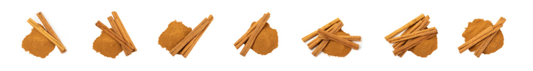 Cinnamon powder isolated on white background. Spicy spice for baking, desserts and drinks. Fragrant ground cinnamon.