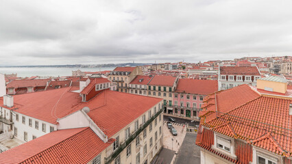 Fototapeta na wymiar Lisbon aerial cityscape skyline timelapse from viewpoint of St. Jorge Castle, Portugal.