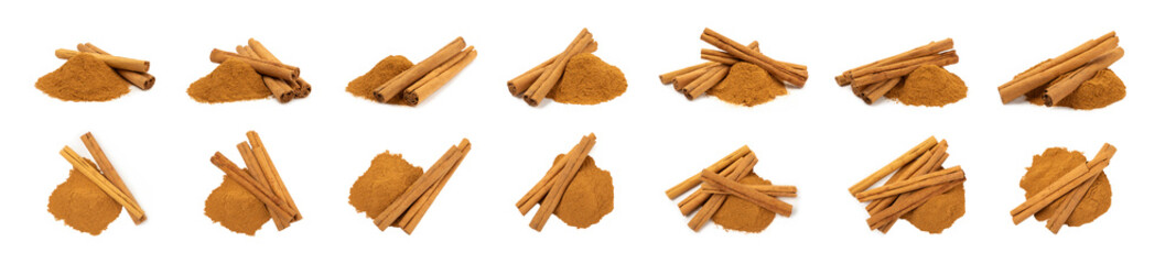 Cinnamon powder isolated on white background. Spicy spice for baking, desserts and drinks. Fragrant ground cinnamon.