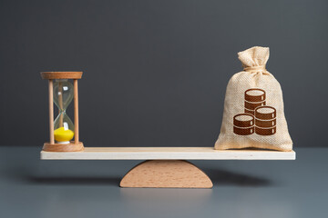 Hourglass and coins money bag on scales . Investing money can save you time. Fulfilling life and financial security. Hourly wages. Find balance to get the most out of each.