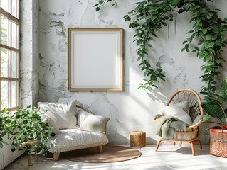 Clean Aesthetic Harmony: White Frame Mockup in Mid-Century Modern Living Space
