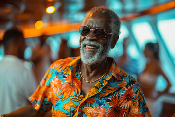 african american elderly man dancing at a beach party, wearing sunglasses and a shirt, enjoying the music and celebration