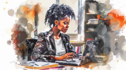 Deurstickers Frau Afrikanerin Arbeiten Laptop Unternehmerin Job Home Büro Afro-American Lehrerin Business Afro Studieren Watercolor Vektor © THM