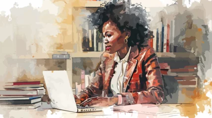 Fotobehang Frau Afrikanerin Arbeiten Laptop Unternehmerin Job Home Büro Afro-American Lehrerin Business Afro Studieren Lernen © THM