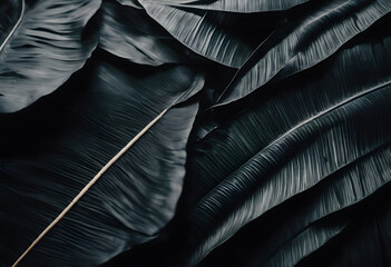 Elegant Black Banana Leaves with Subtle Golden Accents - Nature's Textures in Monochrome