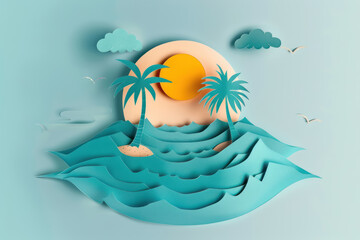 Naklejka premium paper art tropical island with palm trees and ocean waves at sunset