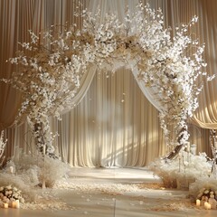 a white wedding arch with white flowers and petals